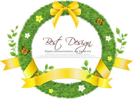 Realistic Circle Grass Frame with Yellow Ribbon
