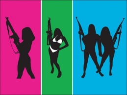 Shadow illustrations of bikini clad women with automatic weapons.